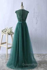 Green Evening Prom Dress Scoop Tulle & Lace With Sash A Line Sweep Train Floor Length Elegant