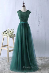 Green Evening Prom Dress Scoop Tulle & Lace With Sash A Line Sweep Train Floor Length Elegant