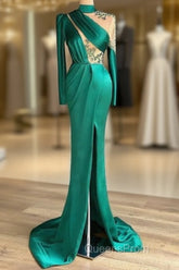 Green Robe De Soiree Sheath Long Sleeves Satin Beaded Slit Sexy Long Evening Prom Dress Evening Prom Gown Evening Dress