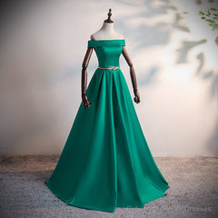 Green Satin A-line Long Off Shoulder Simple Prom Dress, Green Formal Dress Evening Dress