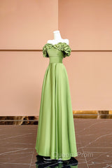 Green Satin Floor Length Evening Prom Dress, Off The Shoulder Evening Party Dress
