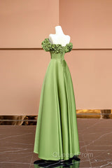 Green Satin Floor Length Evening Prom Dress, Off The Shoulder Evening Party Dress