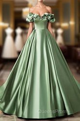 Green Satin Long A-Line Party Dress, Off The Shoulder Formal Evening Dress