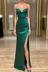 Green Satin Long Mermaid Slit Evening Prom Dress