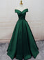 Green Satin Off Shoulder Lace-Up Classy Gown, Senior Classy Prom Dress