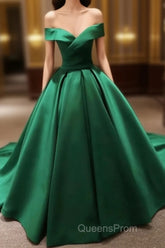 Green Satin Evening Prom Dress Long Off The Shoulder Ball Gowns Quinceanera Dress