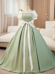 Green Satin Short Sleeve Bow Quinceanera Dress
