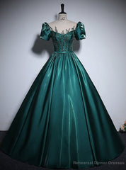 Green Satin Short Sleeve Sequins Appliques Quinceanera Dress