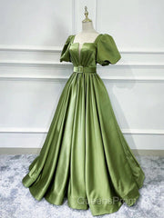 Green Satin Short Sleeves Long Evening Party Dress, Green Formal Party Dress