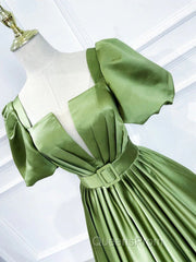 Green Satin Short Sleeves Long Evening Party Dress, Green Formal Party Dress