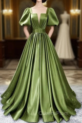 Green Satin Short Sleeves Long Evening Party Dress, Green Formal Party Dress