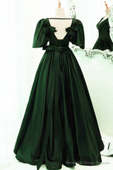 Green Satin Short Sleeves Long Party Dress, Green Floor Length Evening Dress Prom Dress