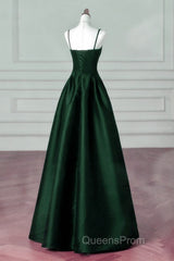 Green Satin Simple A-Line Floor Length Party Dress, Green Satin Straps Evening Prom Dress