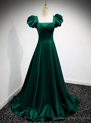 Green Satin Square Puff Sleeve Pleats Prom Dress