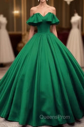 Green Satin Sweetheart Off Shoulder Ball Gown Long Sweet 16 Dress, Green Quinceanera Dress