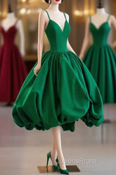 Green Satin Tea-Length Straps Evening Prom Dress, Spaghetti Straps Homecoming Gown