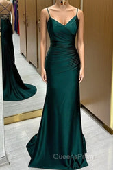 Green Satin V-Neckline Mermaid Straps Evening Gown, Green Satin Evening Prom Dress