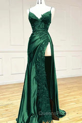 Green Satin With Lace Straps Long Evening Dress Evening Prom Dress, Green Satin Party Dres