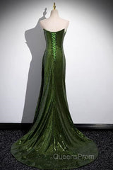 Green Sequins Long Mermaid Evening Prom Dress, Green Lace-Up Party Dress With Slit