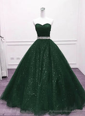 Green Shiny Tulle Beaded Sweetheart Party Dress, Green Formal Dress