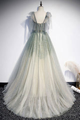 Green Shiny Tulle Long Formal Evening Dress, A-Line Graduation Dress