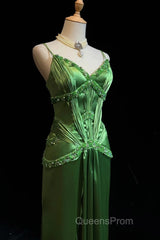 Green Spaghetti Strap Sheath Satin Beaded Evening Prom Dress Evening Gown