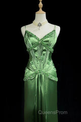 Green Spaghetti Strap Sheath Satin Beaded Evening Prom Dress Evening Gown