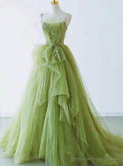 Green Spaghetti Strap Tulle Appliques Prom Dress