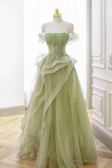 Green Strapless Prom Dress Off the Shoulder A Line Lace Printed Dress