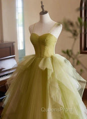 Green Sweetheart Straps Tulle Long Party Dress Evening Prom Dress A Line December Wedding Guest Dress