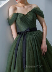 Green Tulle A-Line Off Shoulder Evening Prom Dress, Green Tull Long Formal Dress Evening Dress