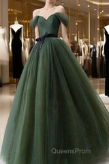 Green Tulle A-Line Off Shoulder Evening Prom Dress, Green Tull Long Formal Dress Evening Dress