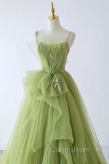 Green Tulle Beaded Long Party Dress, Green Tulle Evening Dress Evening Gown