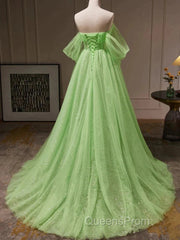 Green Tulle Beading Off Shoulder Sparkle Evening Prom Dress