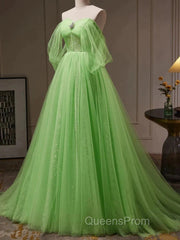 Green Tulle Beading Off Shoulder Sparkle Evening Prom Dress