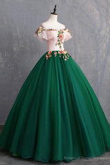 Green Tulle Lace Long Prom Dress, Cute Off Shoulder Evening Dress Party Dress