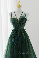 Green Tulle Long A-Line Evening Prom Dress, Beautiful Spaghetti Straps Evening Dress