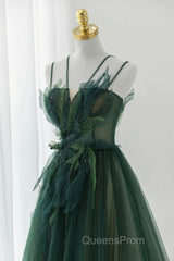 Green Tulle Long A-Line Evening Prom Dress, Beautiful Spaghetti Straps Evening Dress
