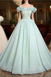 Green Tulle Long A-Line Evening Prom Dress, Lovely Off The Shoulder Evening Party Dress