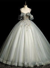 Green Tulle Off Shoulder Ball Gown Beaded Sweet 16 Dress, Green Tulle Formal Dress