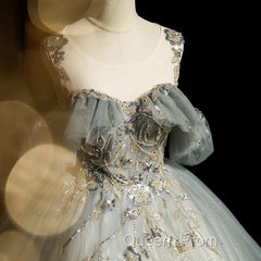 Green Tulle Off Shoulder Ball Gown Beaded Sweet 16 Dress, Green Tulle Formal Dress