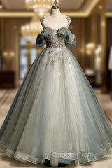 Green Tulle Off Shoulder Ball Gown Beaded Sweet 16 Dress, Green Tulle Formal Dress