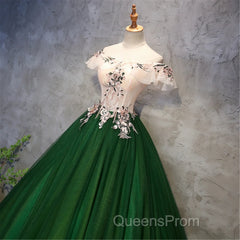 Green Tulle Off Shoulder Long Formal Dress With Lace, Sweet 16 Gown