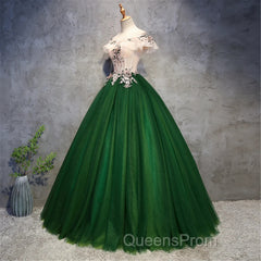 Green Tulle Off Shoulder Long Formal Dress With Lace, Sweet 16 Gown