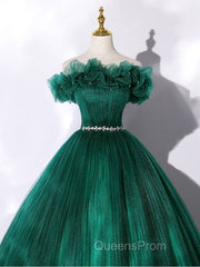 Green tulle off shoulder long Evening Prom Dress green tulle formal gown