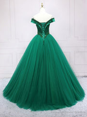 Green Tulle Off Shoulder Tulle Beads Long Prom Dress, Green Formal Graduation Dresses