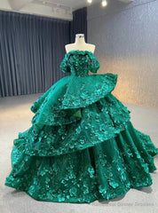 Green Tulle Off the Shoulder 3D Appliques Prom Dress
