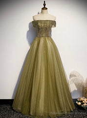 Green Tulle Off the Shoulder Beading Prom Dresses