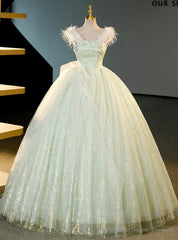 Green Tulle Off the Shoulder Feather Quinceanera Dress