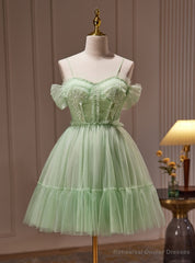 Green Tulle Spaghetti Straps Appliques Beading Homecoming Dress